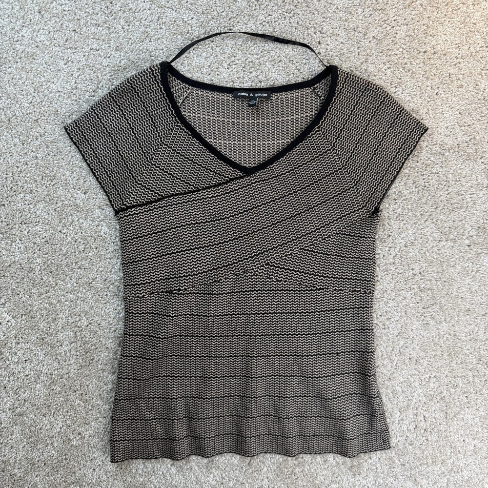 Cable & Gauge Sweater Womens M Black Geometric V Neck Short Sleeve Knit Pullover
